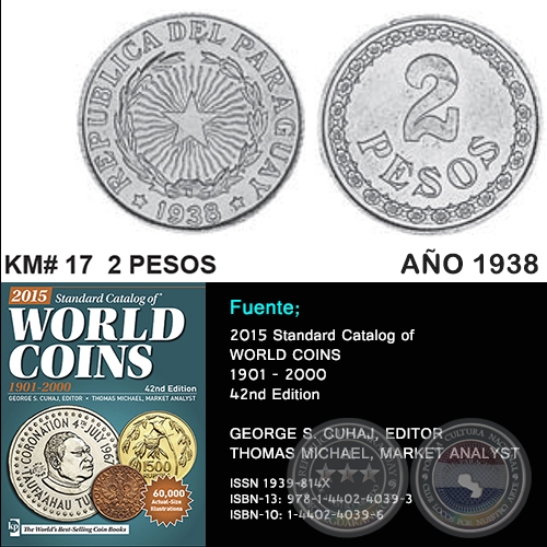 KM# 17 2 PESOS - AO 1938 - MONEDAS DE PARAGUAY