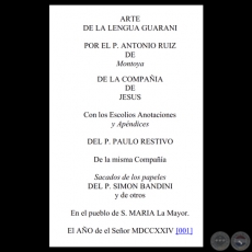 ARTE DE LA LENGUA GUARANI - Por el Padre ANTONIO RUIZ DE MONTOYA