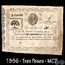 1856 - TRES PESOS - MC007 - FIRMAS: MANUEL FERRIOL  SATURNINO BEDOYA