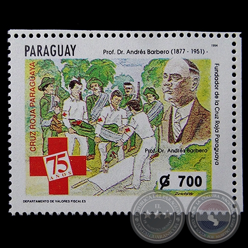 PROF.DR. ANDRS BARBERO (1877-1951) - Fundador de la Cruz Roja Paraguaya - SELLO POSTAL PARAGUAYO AO 1994