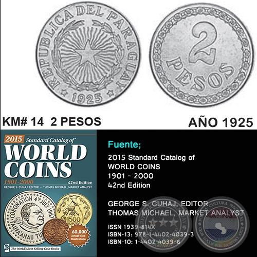 KM# 14 2 PESOS - AO 1925 - MONEDAS DE PARAGUAY