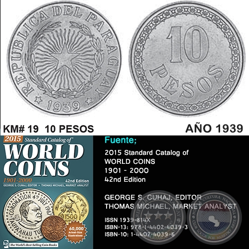 KM# 19 10 PESOS - AO 1939 - MONEDAS DE PARAGUAY